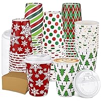 300 Pcs/100 Sets Christmas Coffee Cups with Lids and Sleeves 12 oz Disposable Christmas Paper Cups Party Drinking Cups for Hot and Cold Drinks Chocolate Coffee Tea Beverage Bar Supplies