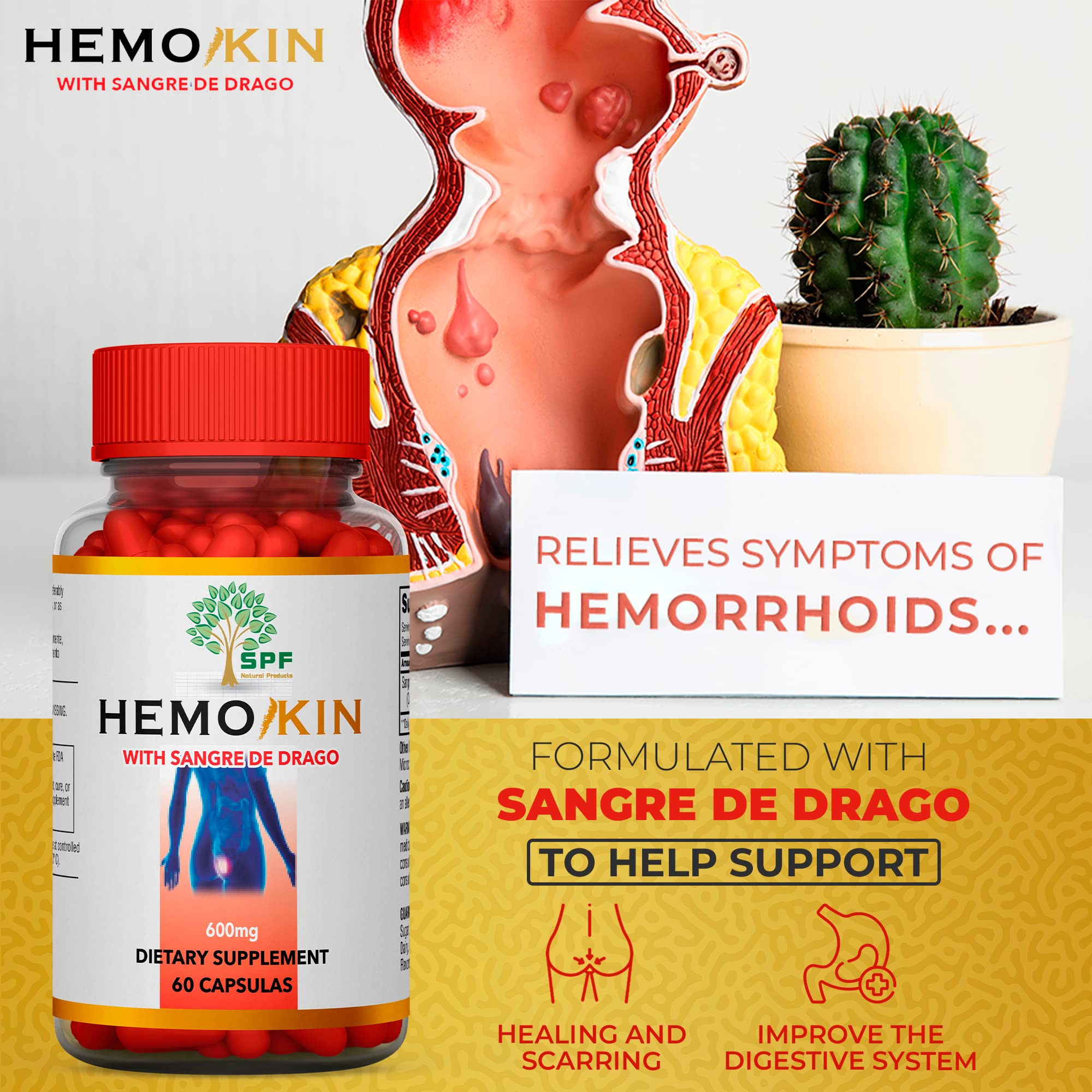 SPF HEMOKIN with Sangre de Drago – Hemorrhoid and Fissure Relief Supplement, Helps with Itching, Swelling (60 Caps) Natural Products. (1)