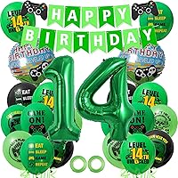 Video Game 14th Birthday Party Decorations green Game On Party Supplies Gaming Birthday Decoration level Up 14 Game Happy Birthday Banner latex balloons and Game Controller Kids Boys Party