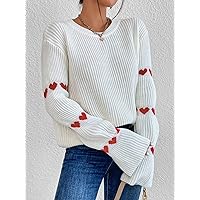Women's Sweater Heart Pattern Drop Shoulder Sweater Sweater for Women (Color : White, Size : Medium)