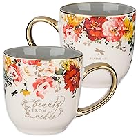 11 fl. oz Ceramic Scripture Coffee & Tea Mug w/Gold Encouraging Bible Verse Present for Women: Beauty from Ashes-Isaiah 61:3 White, Red and Orange Marigold Floral