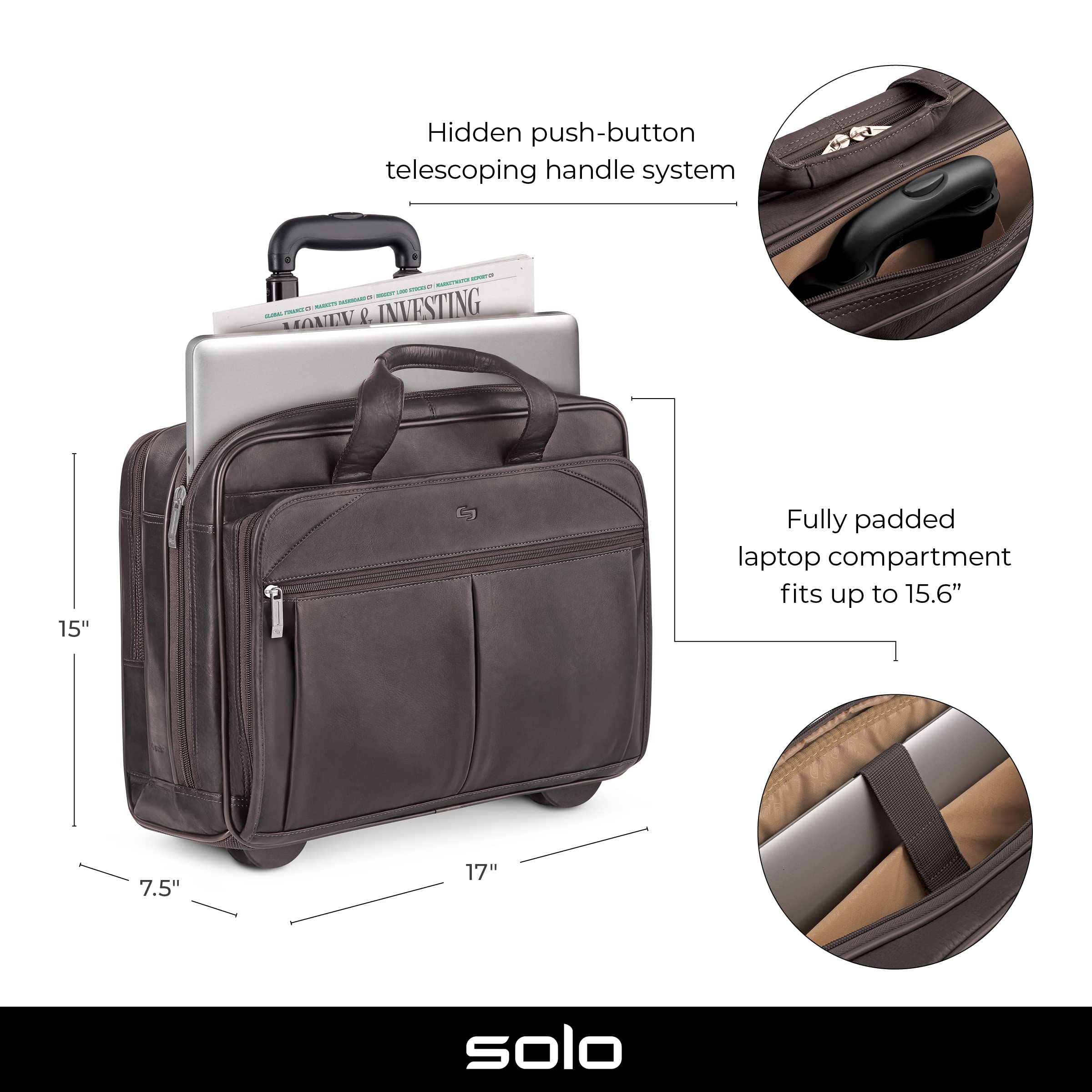 Solo New York Walker Leather Rolling Laptop Bag, Espresso