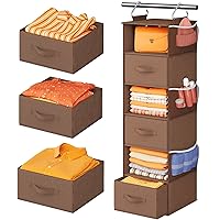 Pipishell Hanging Closet Organizer 6-Shelf, Hanging Shelves for Closet with 3 Removable Drawers & Side Pockets, Hanging Shelf Organizer for Bedroom or Garment Rack, 12'' x 12'' x 43.3'', Brown