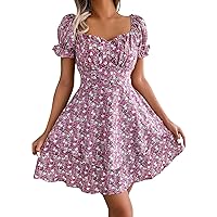 Womens Summer Ruffle Short Sleeve Square Neck Flowy Tiered Smocked Swing a line Boho Floral Party Beach Mini Dresses