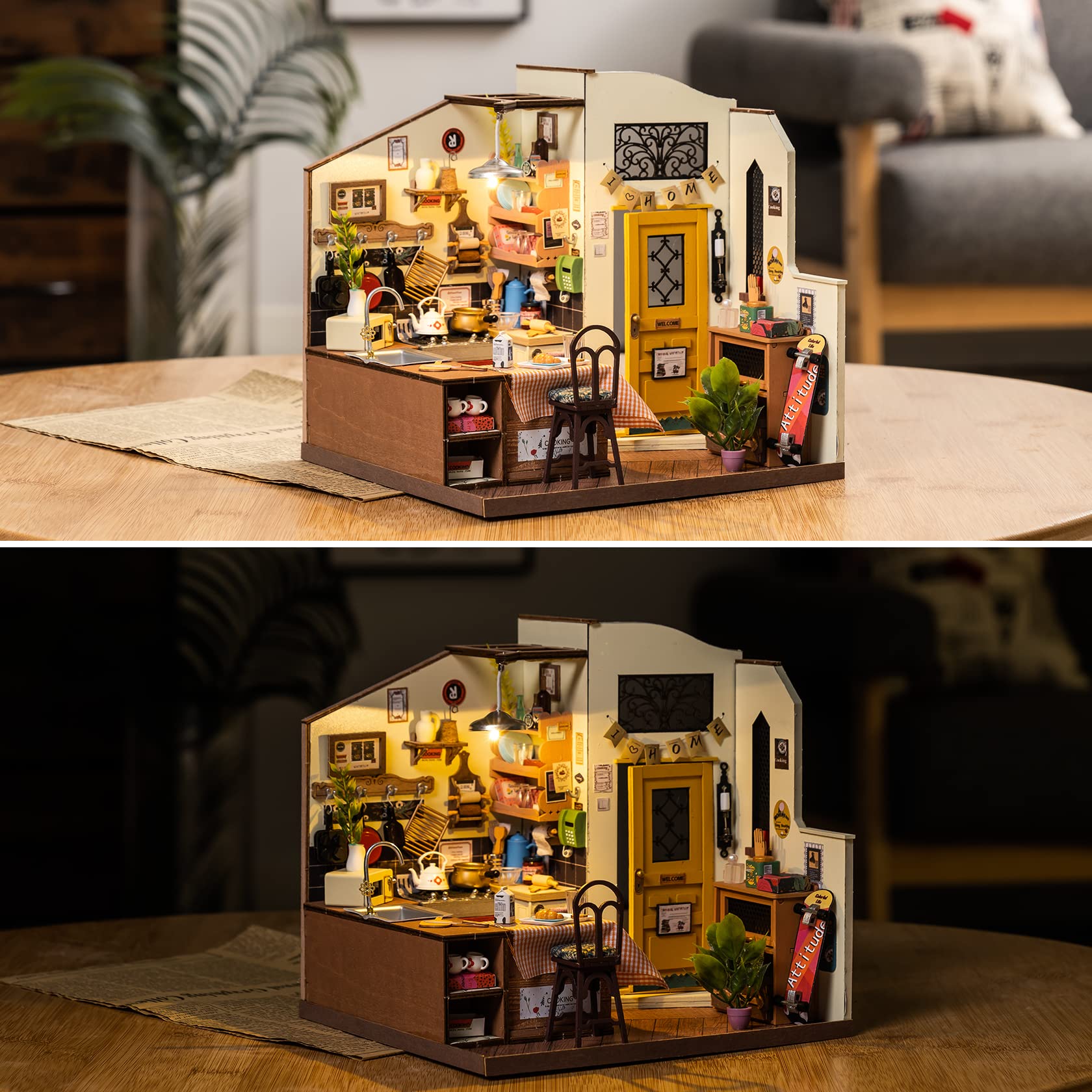ROBOTIME Miniature House Kit DIY Mini Dollhouse Tiny House Making Kit with LED Light Decorative Wooden Craft Diroma Kit Hobby Gift(Garage Workshop+Cozy Kitchen)