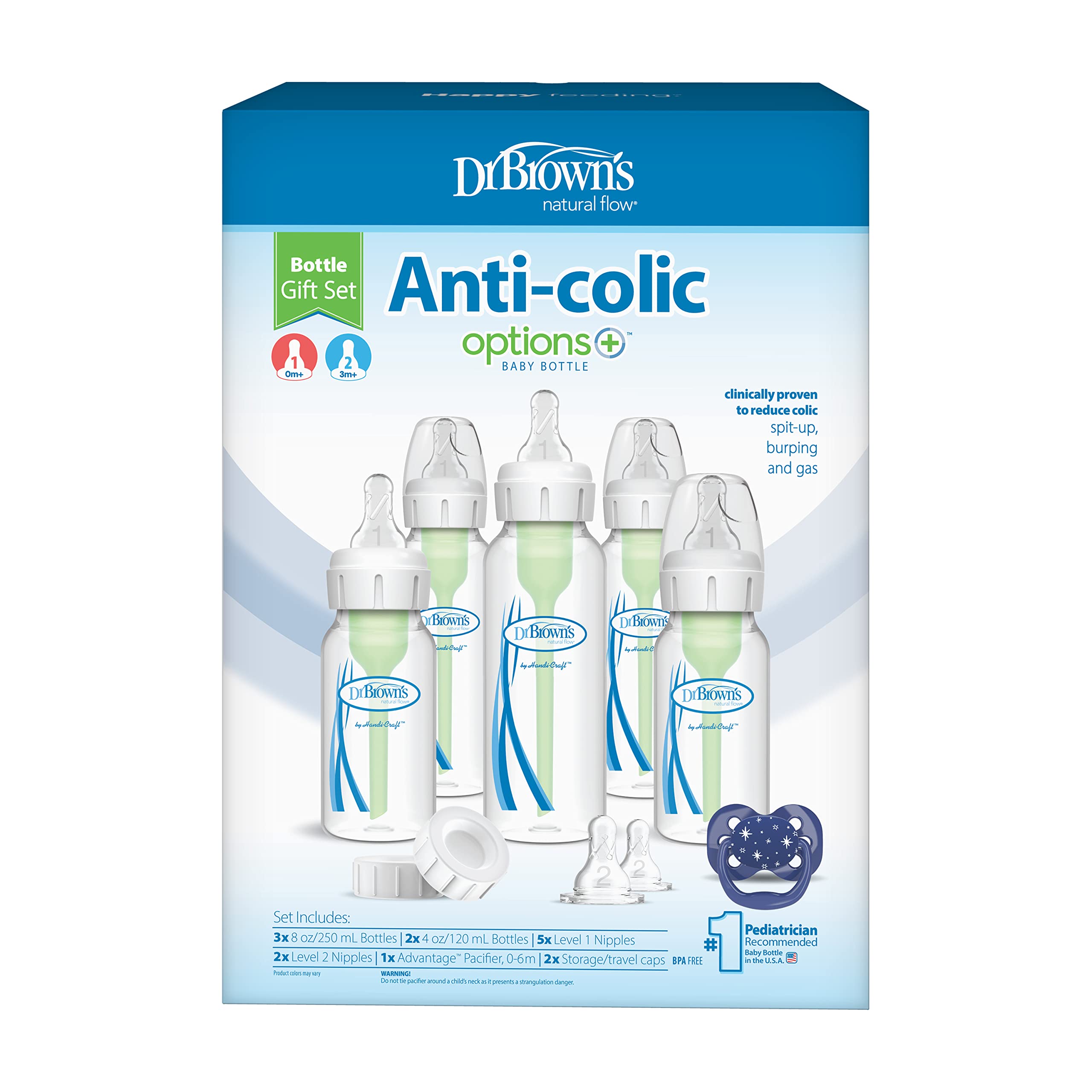Dr. Brown’s Natural Flow Anti-Colic Options+ Narrow Baby Bottle Gift Set with Advantage Pacifier, and Bottle Travel Caps