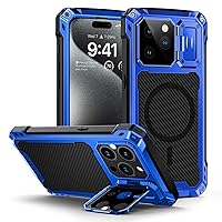 Lanhiem iPhone 15 Pro Max Metal Case, [Built-in Camera Kickstand & Glass Screen Protector] Protective Heavy Duty Full Body Military Rugged Shockproof Magnetic Cover (Blue)