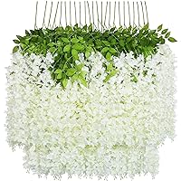 U'Artlines 24 Pack (Total 86.4 Feet) Artificial Fake Wisteria Vine Rattan Hanging Garland Silk Flowers String Home Party Wedding Decor (24, White)