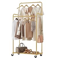 Double Rod Clothes Garment Rack, Heavy Duty Clothing Rolling Rack on Wheels for Hanging Clothes, Gold