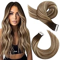 Moresoo Tape in Hair Extensions Ombre Human Hair Tape in Extensions Balayage Dark Brown to Medium Brown Mix with Blonde Human Hair Extensions Tape in Real Hair 18 Inch #4/6/613 20pcs 50g