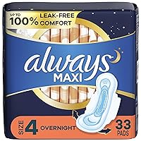 Maxi Pads Size 4 Overnight Absorbency Unscented with Wings, 33 Count