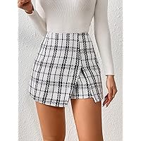 Shorts for Women Shorts Women's Shorts Plaid Pattern Zipper Back Tweed Skort Shorts (Color : Black and White, Size : Medium)