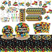 146pcs Building Block Birthday Party Supplies Set Kids Birthday Brick Decorations Paper Plates Napkins Tablecloths Single Hanging Swirl Colorful Blocks Party Birthday Decor Favors for Boy or Girl