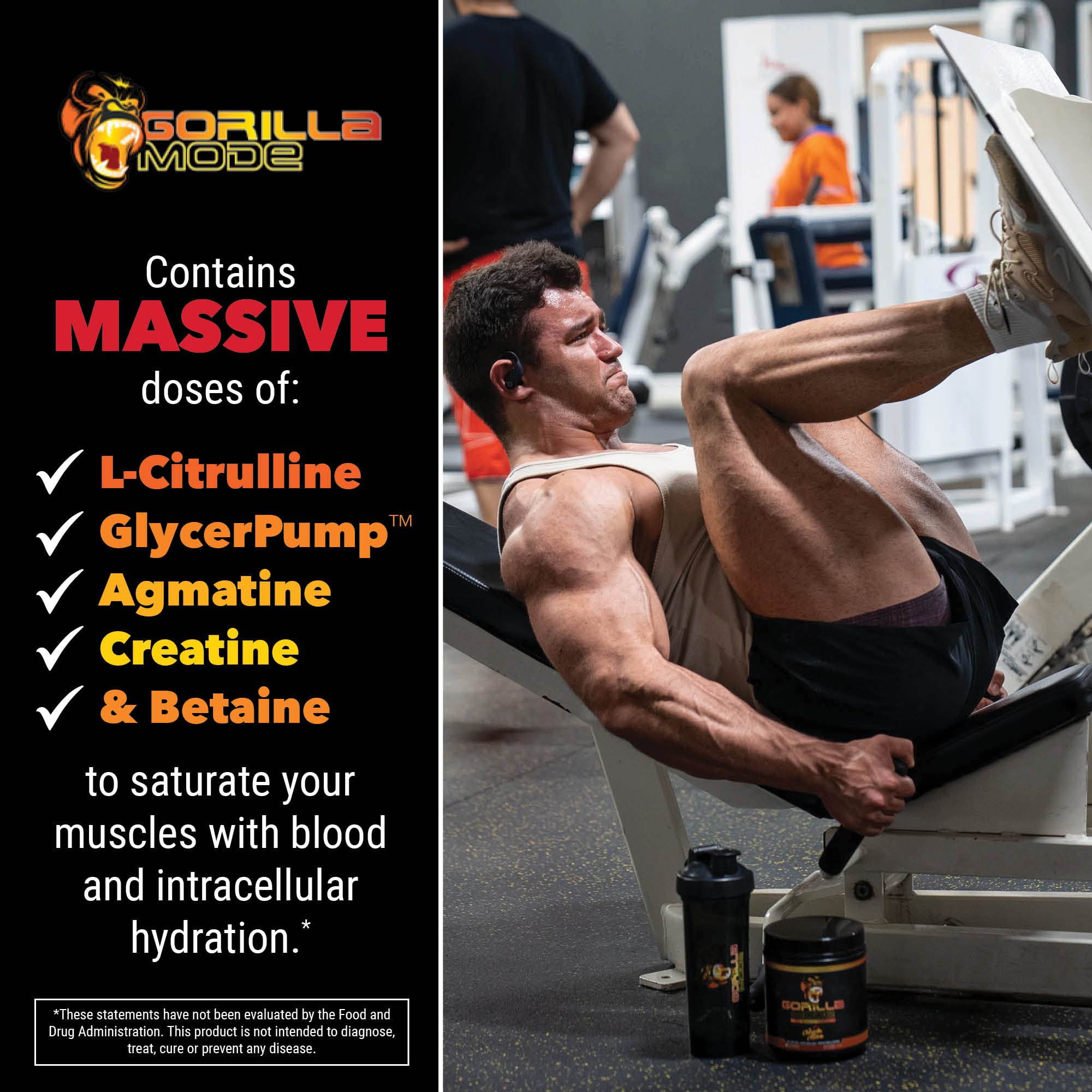 Gorilla Mode Pre Workout - Massive Pumps · Laser Focus · Energy · Power - L-Citrulline, Creatine, GlycerPump™, L-Tyrosine, Agmatine, Kanna, N-Phenethyl Dimethylamine Citrate - 590 Grams (Orange Krush)