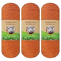 3-Pack 50% Sheep Wool Worsted Yarn for Knitting and Crocheting 300 Grams (Carrot 33)