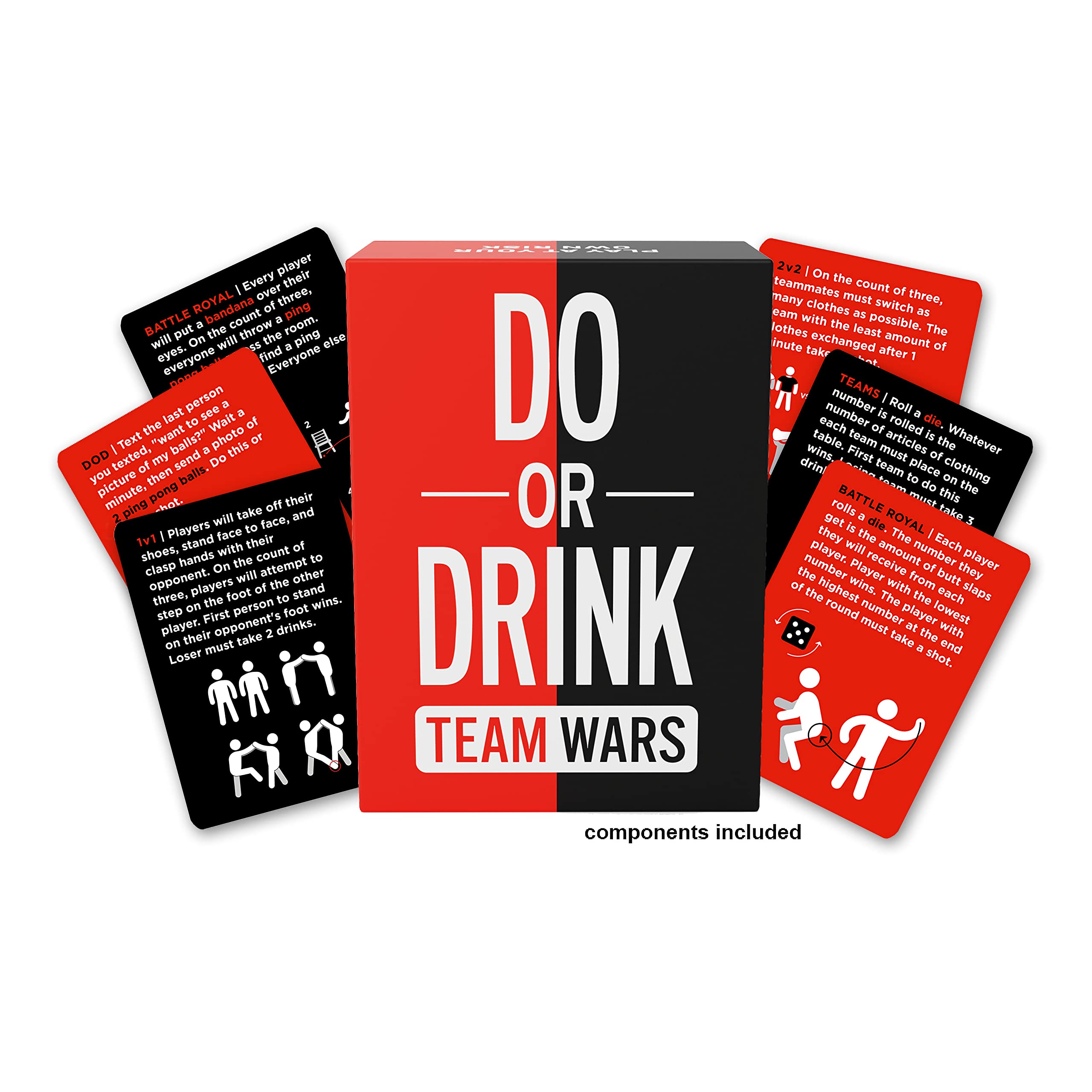 Do or Drink Team Wars Card Games for Adults - Team Drinking Games for Game Night, Girls Night - Party Games for Adults with Cups, Ping Pong Balls, Dice, Ropes, and More - Fun Drunk Games for Adults