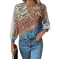 T Shirts for Women Loose Fit, Business Casual Tops 3/4 Sleeve V-Neck Top Lace Hollow T-Shirt, S XXXL