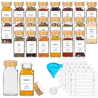 24 Pcs Glass Spice Jars with Airtight Bamboo Lids, 6oz 180ml Empty Square Seasoning Bottles Containers with Shaker Lids, Labels, Measuring Spoon& Silicone Funnel Good for Spice Rack Cabinet Drawer