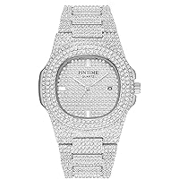 PINTIME Mens Diamond Watches Luxury Unisex Silver Gold Iced-Out Bling CZ Crystal Fashion Quartz Womens Watch