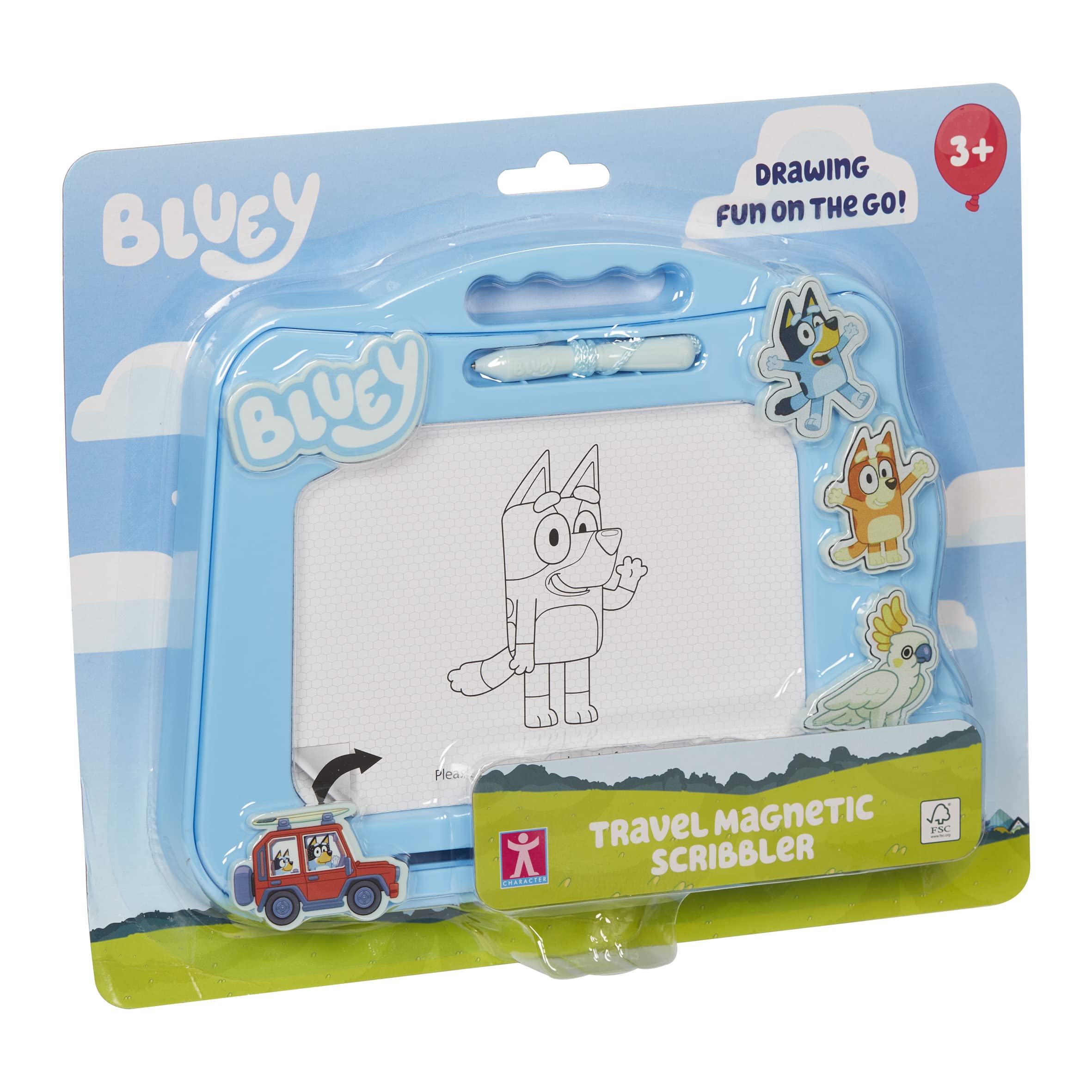 Character Options Bluey Travel Magnetic Scribbler pad with Pen and 3 Stamps, Draw and Erase with no Mess