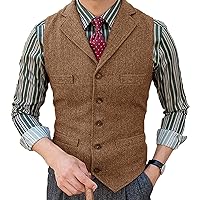 Mens Formal Casual Herringbone Tweed Suit Vest Groomsman Lapel Vintage Jacket Dress Waistcoat for Work Party XS-5XL (Color : Brown, Size : 4X-Large)