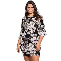 Women's Elegant Black and White Floral Dress with Bell Sleeves Plus Size