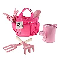 Hey! Play! Kid’s Garden Tool Set with Child Safe Shovel, Rake, Fork, Gloves, Watering Can and Canvas Tote- Mini Gardening Kit for Boys and Girls , Pink 4 x 7 x 6 inches