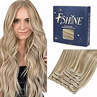 Fshine Clip In Hair Extensions Highlight Ash Blonde And Golden Blonde 14 Inch Remy Clip In Human Hair Extensions Thick Seamless Clip in Hair Extensions Real Human Hair 120g 7pcs