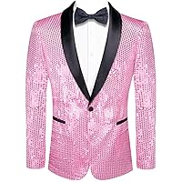 Hi-Tie Men's Pink Sequin Shiny Slim Fit Suit Jacket Regular Fit One Button Lightweight Sport Coats for Disco Prom