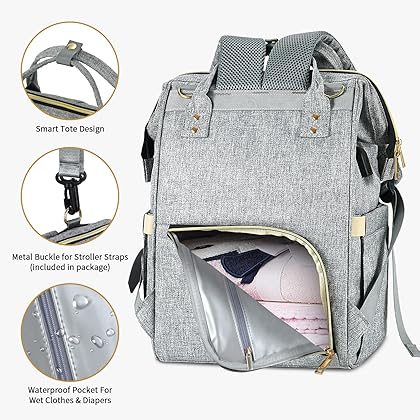 Mokaloo Diaper Bag Backpack, Large Baby Bag, Multi-functional Travel Back Pack, Anti-Water Maternity Nappy Bag Changing Bags (Grey)