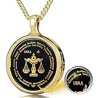 Libra Necklace Zodiac Pendant for Birthdays 23rd September to 23rd October with Star Sign and Personality Characteristics Inscribed in 24k Gold on Round Black Onyx Gemstone, 18