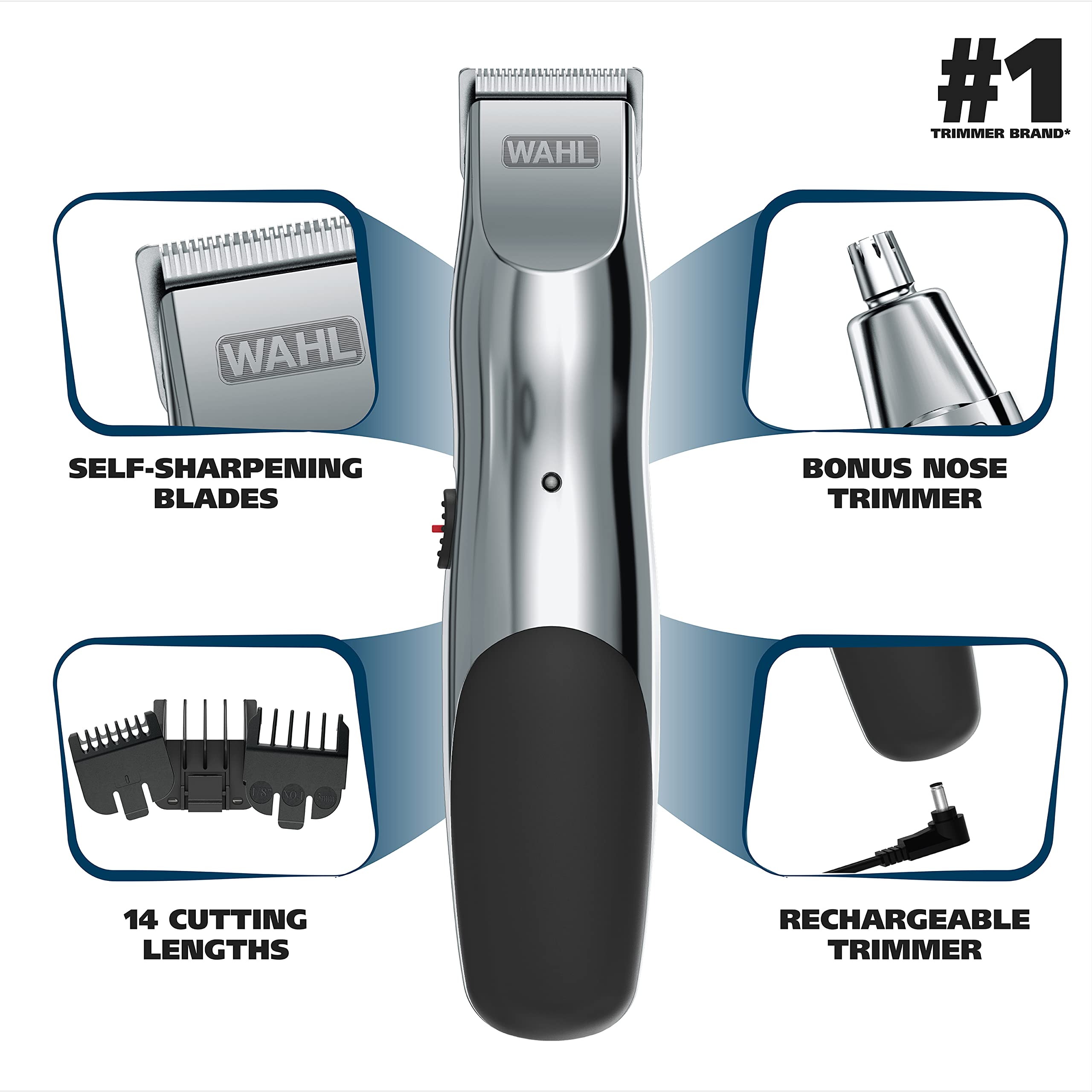 WAHL Groomsman Rechargeable Beard Trimmer kit for Mustaches, Nose Hair, and Light Detailing and Grooming with Bonus Wet/Dry Electric Nose Trimmer – Model 5622v