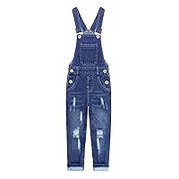 KIDSCOOL SPACE Boy Girl Denim Overalls,Ripped Holes Elastic Waistband Inside Jeans Jumper Pants