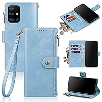 Antsturdy Samsung Galaxy A51 4G Wallet case with Card Holder for Women Men,Galaxy A51 4G Phone case RFID Blocking PU Leather Flip Shockproof Cover with Strap Zipper Credit Card Slots,Sky Blue