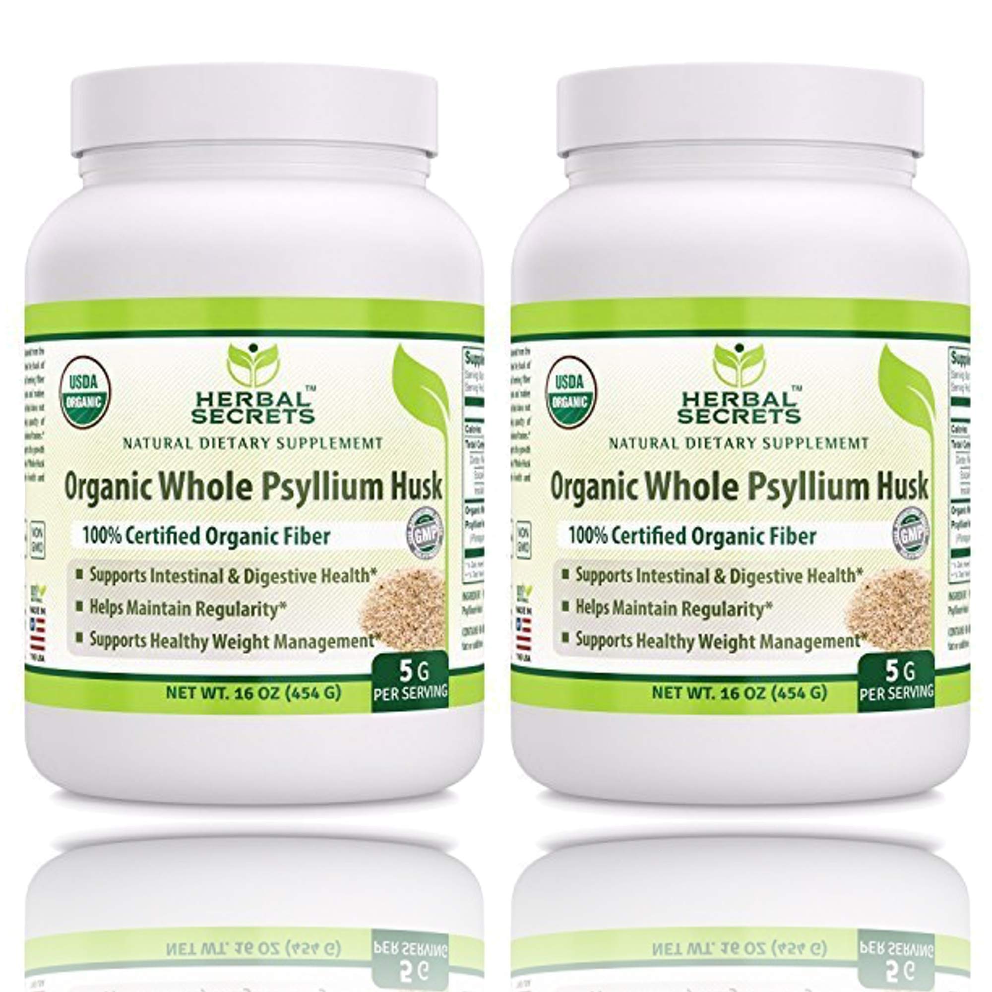 Herbal Secrets USDA Certified Organic Psyllium Husk 16 Oz - Vegan, Dairy Free, GMO Free, Gluten Free, no Sugar, (Pack of 2)