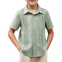 Arshiner Boys Guayabera Shirt Short Sleeve Cotton Linen Button Down Shirt Summer Beach Tops with One Pocket