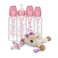 Dr. Brown’s Natural Flow® Anti-Colic Options+™ Narrow Baby Bottles 8 oz/250 mL, with Level 1 Slow Flow Nipple, 4 Pack, Pink Floral & Deer Lovey with HappyPaci Pacifier, 0m+