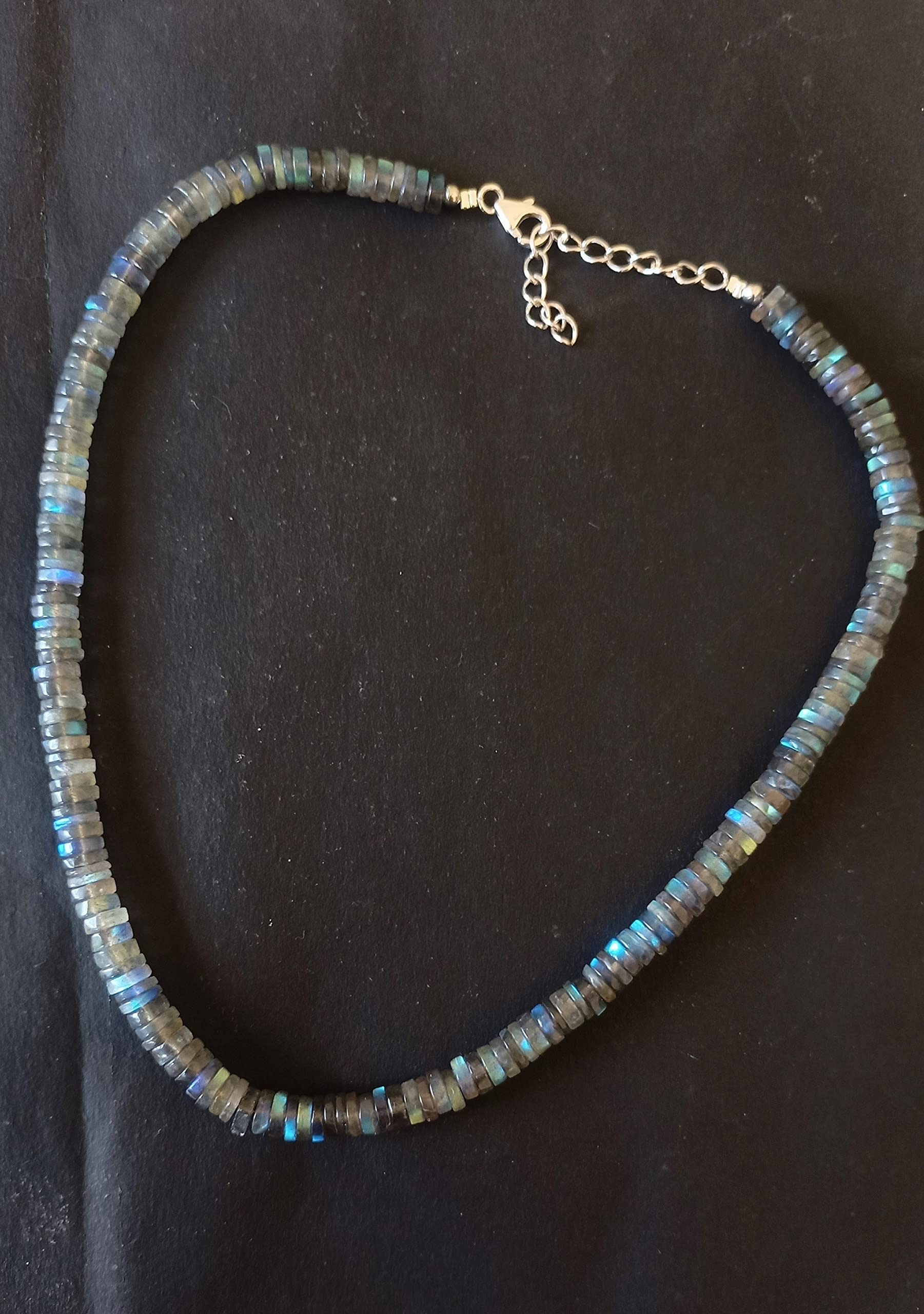 Natural Labradorite Necklace 18 Inch With Sterling Silver, Heishi Tyre Beads, Smooth Cut, Labradorite Necklace, Silver Jewelry, Grey