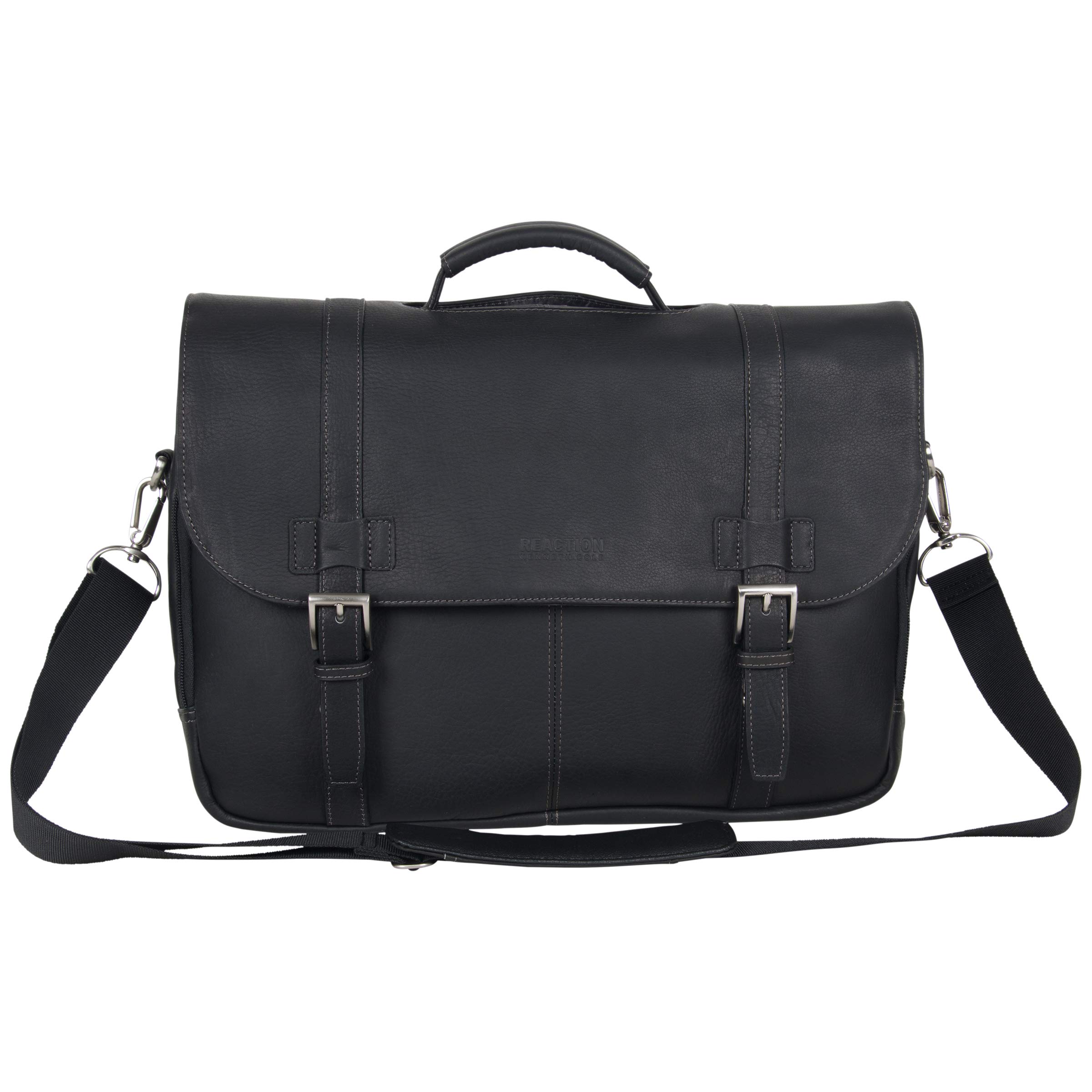 Kenneth Cole Reaction Show Business Messenger Briefcase Colombian Leather 16” Laptop Computer Portfolio Satchel Work Bag, Includes Card Holders, Black, One Size