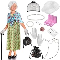 Yingzhao 20 Pcs 100th Day of School Old Lady Costume for Kids Girls Granny Wig Grandma Dress Glasses Cane Necklace (White Bun Wig,L)