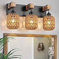 3 Light Bathroom Vanity Light Fixtures， Rustic Style Wood Bathroom Wall Sconce， with Boho Wicker Lampshade，Suitable for Bedroom, Hallway, and Living Room，Rattan Black Farmhouse Wall Sconce