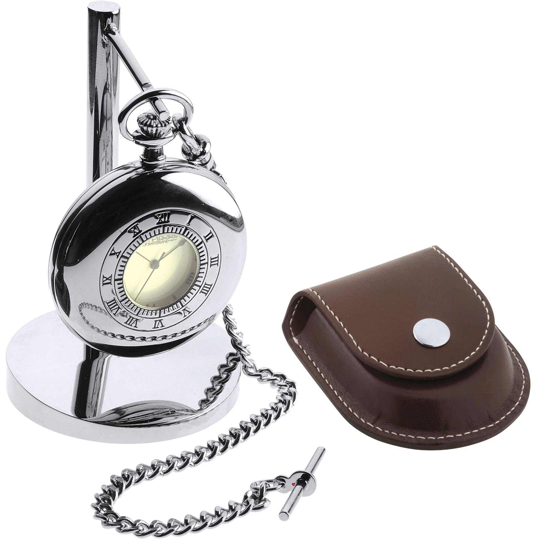 I LUV LTD Chrome Half Hunter Pocket Watch Clock Set - on Stand - Leather Case Albert Chain