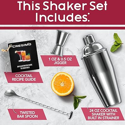 24oz Cocktail Shaker Set with Bar Accessories for Home Bar Shaker Set - Martini Shaker, Jigger, Drink Shaker Mixer Spoon - Alcohol Shaker Bartender Gift - Bartending Kit Essential for Home - Cresimo