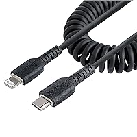 StarTech.com 1m (3ft) USB C to Lightning Cable, MFi Certified, Coiled iPhone Charger Cable, Black, Durable TPE Jacket Aramid Fiber, Heavy Duty Coil Lightning Cable (RUSB2CLT1MBC)