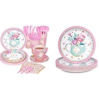 DECORLIFE Tea Party Supplies, Tea Party Plates and Napkins Sets Include Paper Saucers, Teacups with Handles, Tableware for Girl's Birthday, Baby Shower, Total 158 PCS