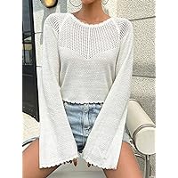 Solid Raglan Sleeve Pointelle Knit Sweater - Apricot, Casual, Long Sleeve, Boat Neck, Regular Fit (Color : Apricot, Size : Medium)