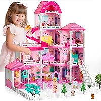 Doll House, Dream Doll House Furniture Pink Girl Toys, 4 Stories 10 Rooms Dollhouse with 2 Princesses Slide Accessories, Toddler Playhouse Gift for for 3 4 5 6 7 8 9 10 Year Old Girls Toys