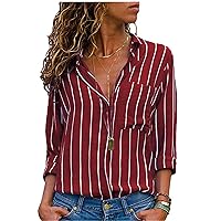 Andongnywell Women's Casual V Neck Stripe Long Sleeve Button Tops Chiffon Shirts Lapel Long Sleeve Shirt