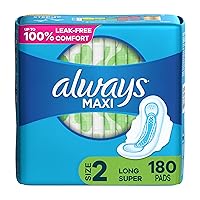 Maxi Feminine Pads for Women, Size 2 Long Super Absorbency, Multipack, with Wings, Unscented, 60 Count x 3 Packs (180 Count total)