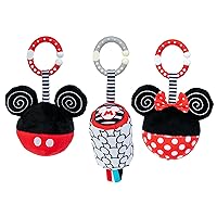 KIDS PREFERRED Disney Baby Mikcey Mouse and Minnie Mouse 3 Pack Hanging Toys, Black and White High Crinkle Plush, Boys and Girls Ages 0+, Stroller On The Go Clip, Teether, Chime Toy (81261)